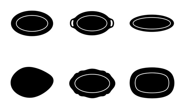 Black oval platter icons, isolated on white, graphic elements for food
