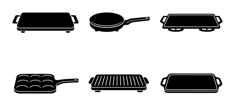 Black kitchen griddle and pan icons, cooking appliance graphic