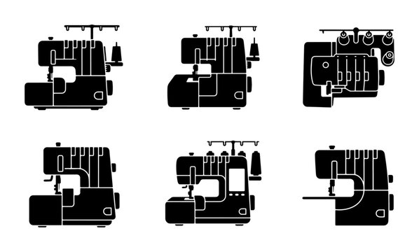 Black serger sewing machine icons, flat design, garment construction