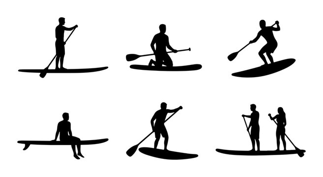 Black silhouettes of people paddleboarding on white background