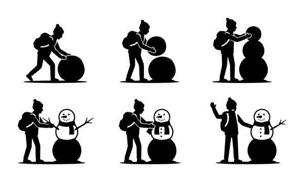 Black silhouette of person building snowman, winter activity icon set