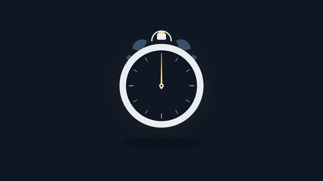 Premium minimal 2.5D motion graphic of an articulated express stopwatch with mechanical crown button press, 360-degree needle rotation, kinetic speed trails, and energetic ringing alarm bounce with so
