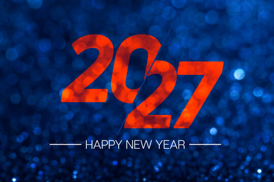 Happy new year 2027 with dark navy blue glitter bokeh light sparkling background,Holiday celebration festive greeting card