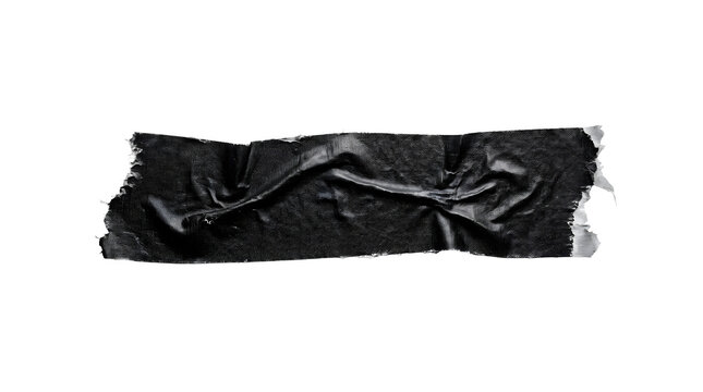 Black gaffer tape strip with wrinkled texture, torn adhesive duct tape piece on white background, industrial sticky tape fragment for design