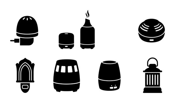 Black aroma diffuser and humidifier icons, home aromatherapy devices