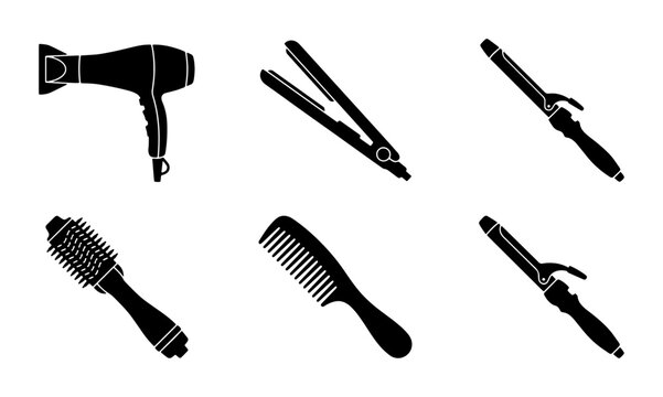 Set of six black hairstyling tools silhouettes