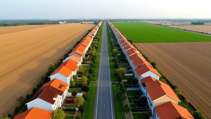 Fototapeta premium Aerial view of rural residential street with modern houses and farmland