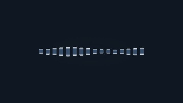 Premium minimal motion graphic of a 16-bar floating audio equalizer array expanding symmetrically with a staggered dynamic wave motion. Features sequential peak halo cascades, boundaryless fluid motio
