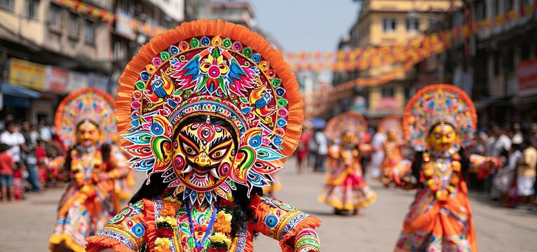 Ornate Durga mask dancers parade through vibrant city streets, surrounded by festive decor and enthusiastic spectators.
