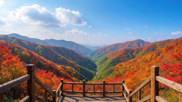 Scenic autumn mountain valley panoramic view with colorful foliage and wooden fence
