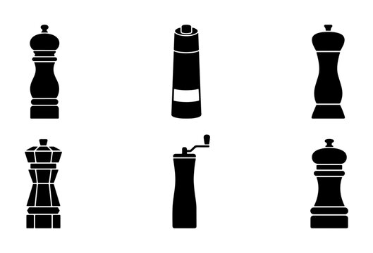Black and white kitchen grinder icons, salt and pepper mills, graphic