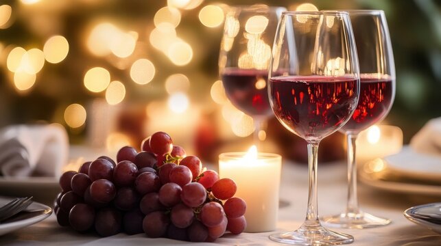 Romantic dinner setting with red wine glasses and fresh grapes on rustic wooden table