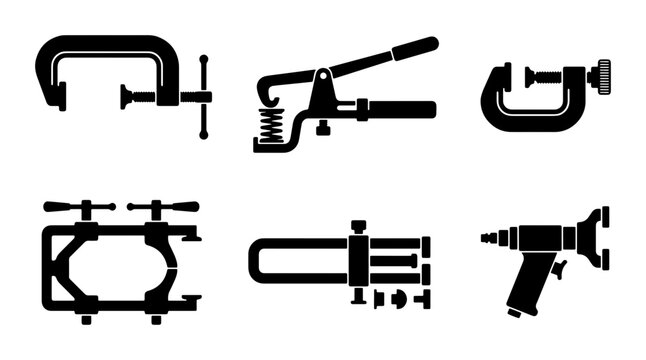 Black silhouette clamps and tools, industrial hardware vector graphic