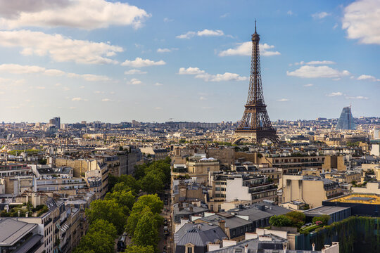 Scenic aerial view of the Paris skyline and the Eiffel Tower
