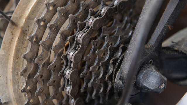 Casete y cadena de bicicleta con m&uacute;ltiples pi&ntilde;ones dentados