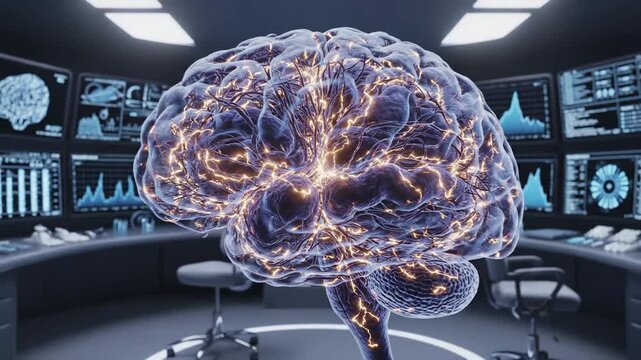 Illuminated neural network pulses and expands within a futuristic control room setting neuralnetwork brainactivity synapses neuroscience cognitive artificialintelligence