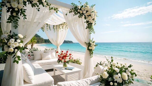 Elegant Beachside Wedding Canopy with White Floral Decorations and Ocean View