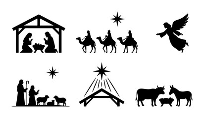 Fototapeta premium Black nativity scene silhouette, Christmas manger icons, angel and