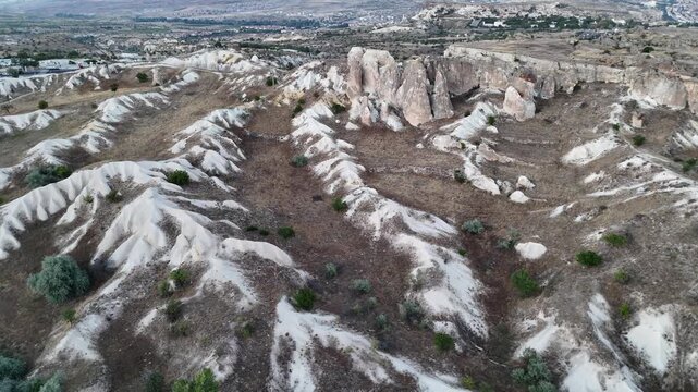 Aerial view of volcanic tuff valley near Urgup in Cappadocia, Turkey.