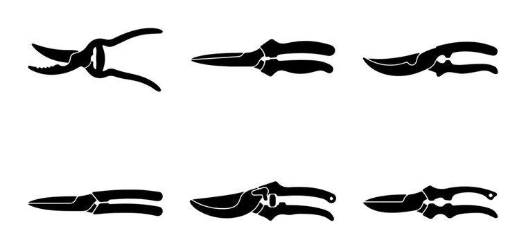 Black garden shears and pruners icons, tool set for landscaping and