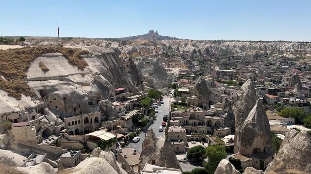 Panoramic view of Goreme town with tuff rocks in Cappadocia, Turkey.
