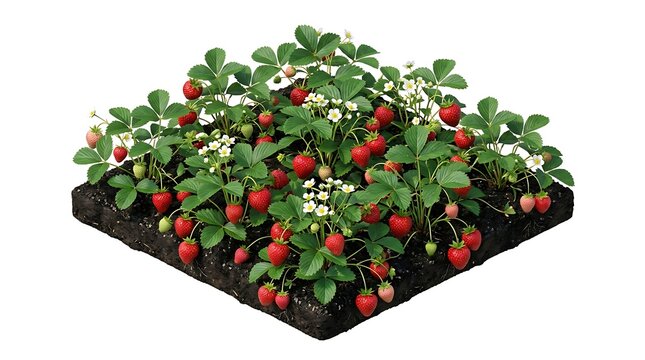 Isolated Square Plot of Fresh Strawberry Plants With Ripe Red Fruits and Blooms