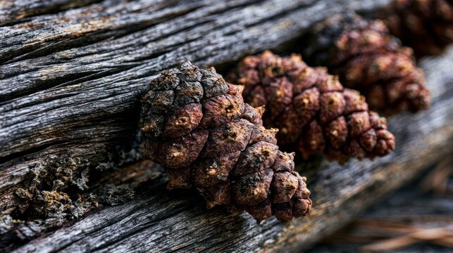Natural organic pine cone detail on wood texture
