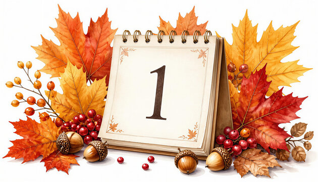 First day of autumn calendar with fall leaves and acorns
