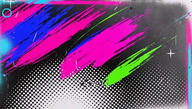 Vibrant neon brush stroke pattern, bold colors, halftone dots and grunge texture create a dynamic, retro, energetic, and youthful pop art vibe.