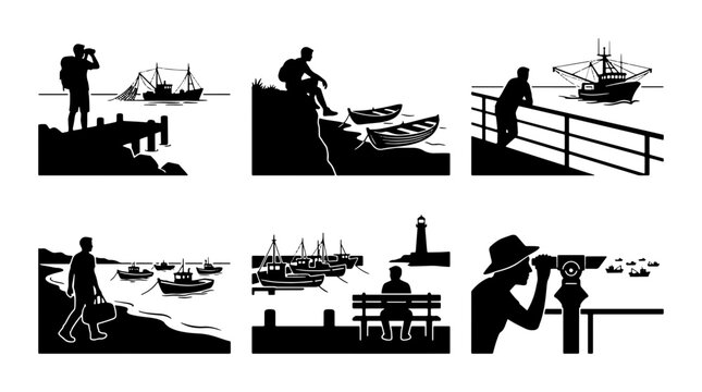 Black and white seaside scenes with boats and people, vector