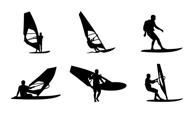 Black windsurfing silhouettes set, action poses for sport and leisure