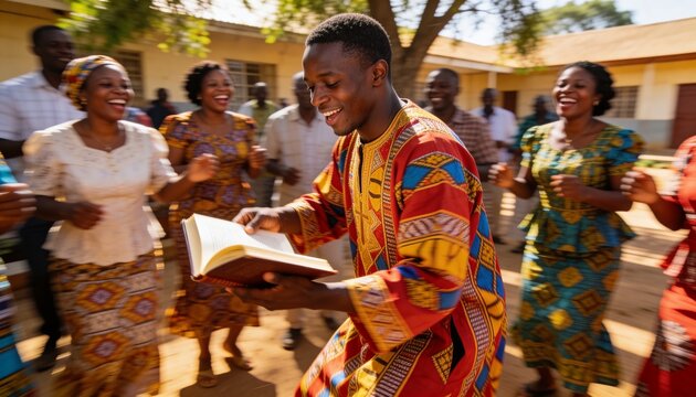 Young African pastor dancing joyfully with gospel book before laughing congregation