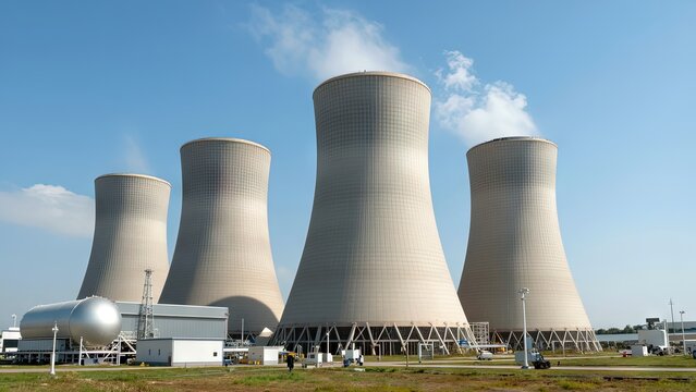 Industrial cooling towers of power plant with smoke and blue sky