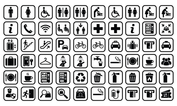 Collection of flat restroom information and transportation pictogram icons on a white background