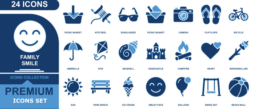 Set of 24 blue icons representing family smile and outdoor summer activities