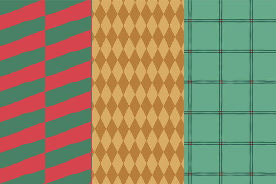 Vector Seamless Christmas pattern with hand-drawn holiday elements, geometric shapes, stars and festive ornaments in a retro color palette