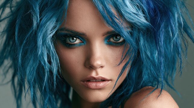 Woman with vibrant blue hair and dramatic eye makeup