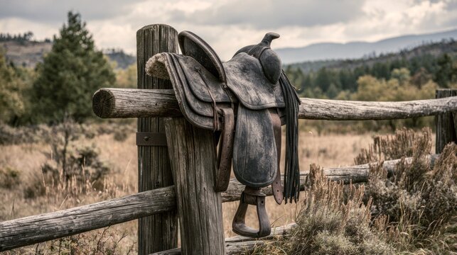 Old western saddle on wooden fence post