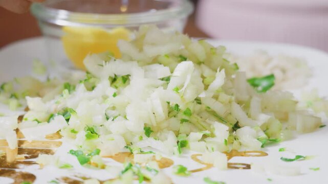 Finely Minced White Onion and Parsley Herbs for Cooking Prep