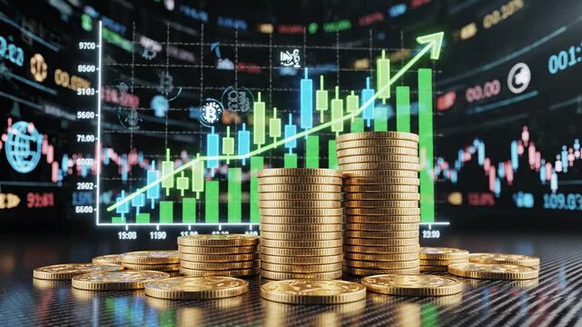 Gold coins accumulate before a dynamic financial chart displaying market growth and cryptocurrency symbols accumulation asset blockchain bullish