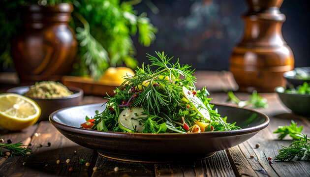 Herb salad with fresh dill and cilantro in rustic fine dining presentation