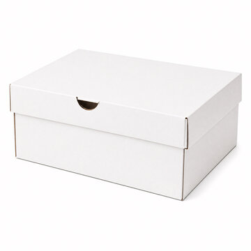 White rectangular cardboard box with hinged lid on white background