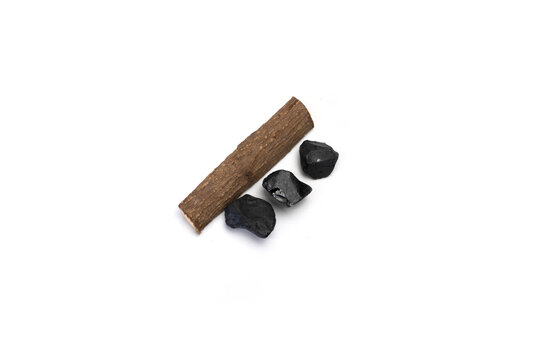 Organic root stick beside rough black mineral rocks