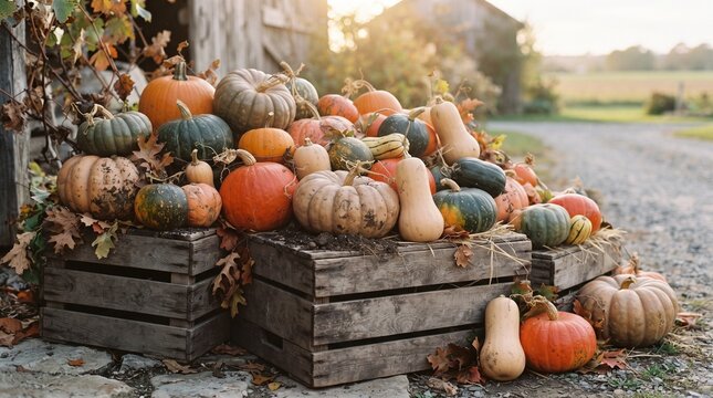 Freshly harvested pumpkins and winter squash arranged on rustic wooden crates with dried vines, warm sunlight and natural textures, creating an authentic countryside harvest scene.