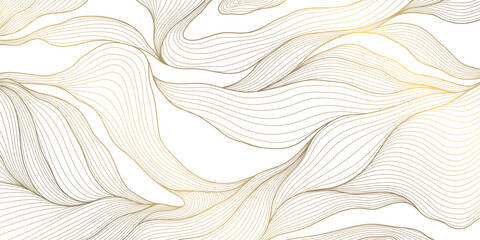 Obraz premium Elegant Japanese abstract pattern with flowing lines, waves, clouds, and geometric Art Deco elements, gold on white. Oriental wallpaper, wine label, cover, packaging, branding, stationery, and premium