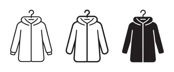 Hooded jacket icon set, parka and raincoat on hanger, outerwear clothing symbols, winter apparel, waterproof fashion, editable vector graphic design © Arif __H