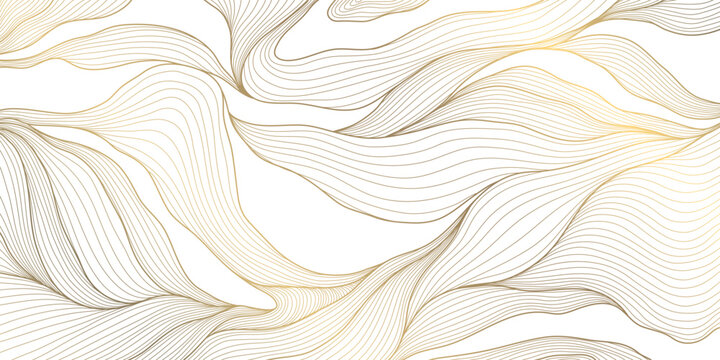 Elegant Japanese abstract pattern with flowing lines, waves, clouds, and geometric Art Deco elements, gold on white. Oriental wallpaper, wine label, cover, packaging, branding, stationery, and premium