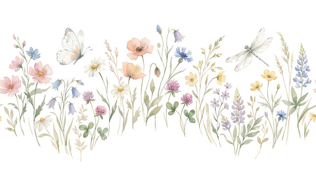 Watercolor meadow border with butterfly and dragonfly