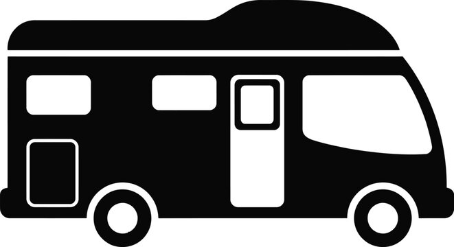 Motorhome camper icon, black RV silhouette, travel van vector