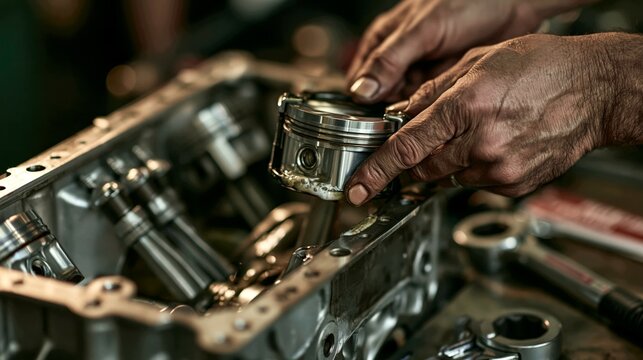 Mechanic&rsquo;s Hands Assembling a Crankshaft and Pistons